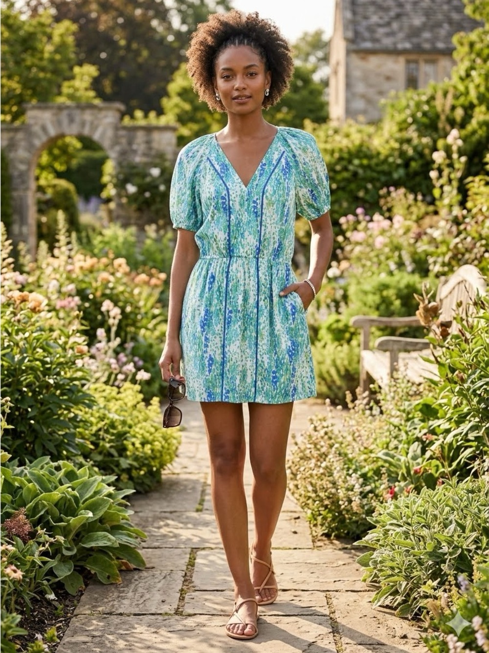 Anthropologie Willa Story abstract free, blue & teal floral dress 100% cotton